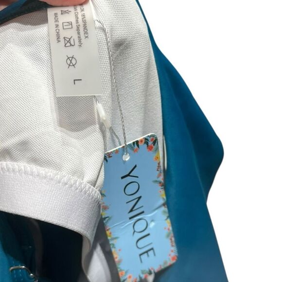 Yonique Women’s Teal One Shoulder Ruffle Swim Tankini, Size L, NWT - Picture 5 of 6